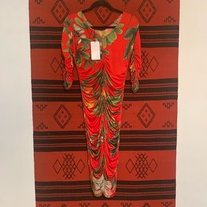 Zara Red Tropical Red Ruched Midi Dress